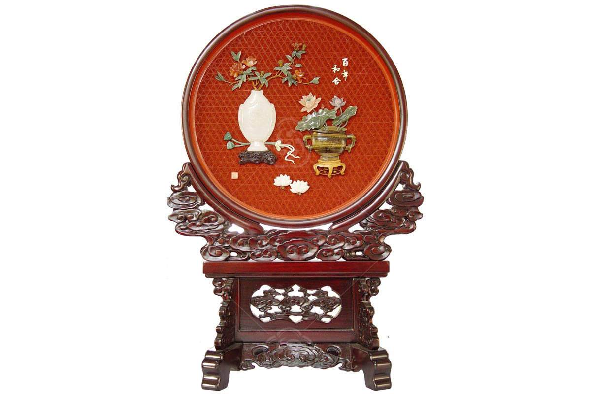 雕漆嵌玉百年好合圓臺(tái)屏