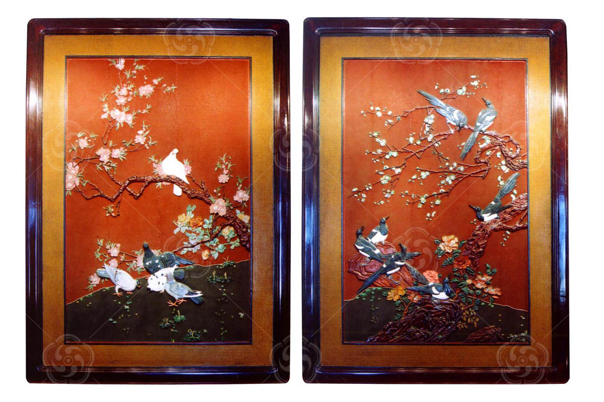 雕漆嵌玉《和平頌》《喜鵲登梅》大掛屏